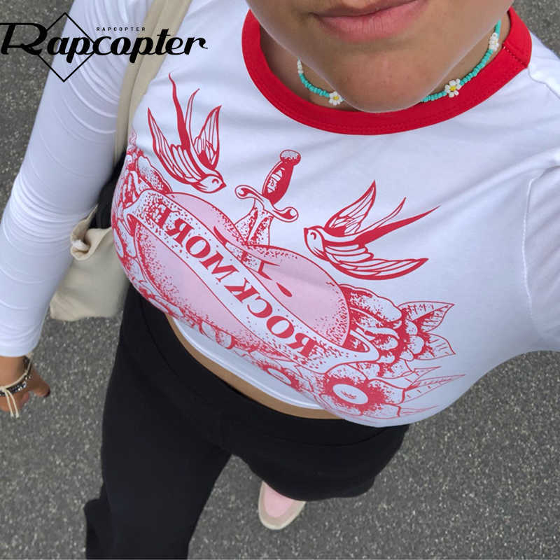 Rapcopter Grunge Crop Top Y2K Aesthetic Long Sleeve T Shirt O Neck Pullovers Retro Cute Tshirt Women Autumn Winter Harajuku Top 210819