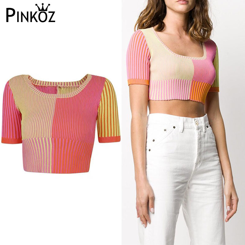 Short Tops Patchwork T Shirt women Sexy Slim T-shirt Vintage Knitted shirt harajukuTee Summer 210421