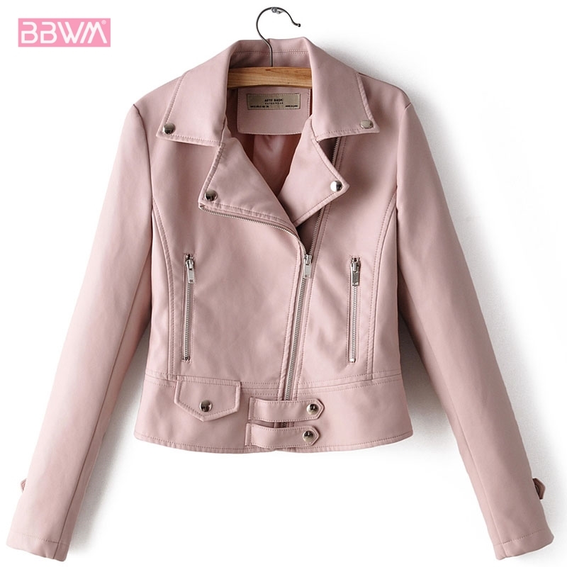 Pink PU Long Sleeve Lapel Zipper Motorcycle Women's Jacket Winter Korean Slim Female Jacket Black Red Top High Street 210507