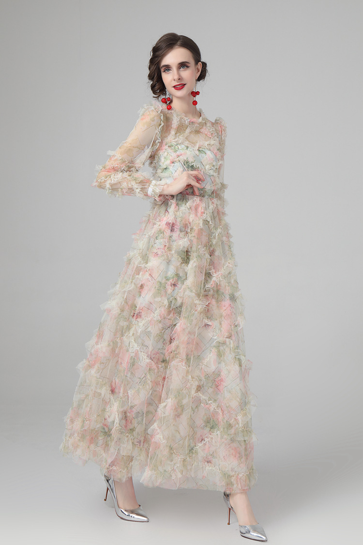 Women's Runway Dresses O Neck Long Sleeves Ruffles Elegant Fashion Tiered Party Prom Gown