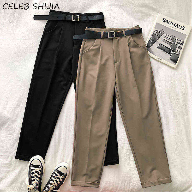 Spring Gray Pants Woman with Belt High Waist Elegant Straight Leg Office Lady Business Chic Baggy Trousers Clothes 211115