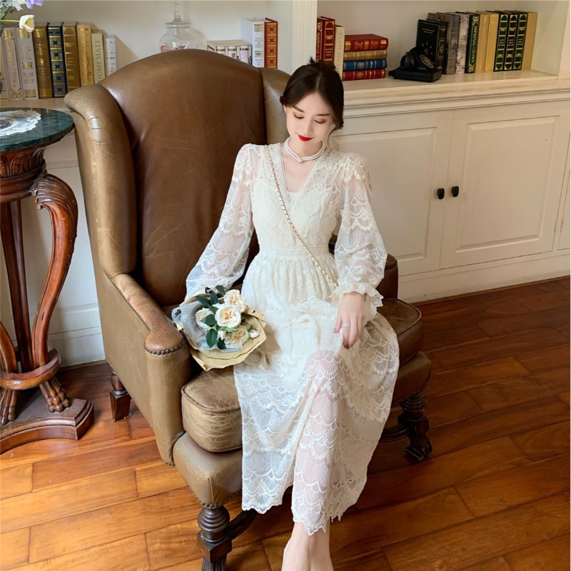 French Vintage Dress Women Casual Long Sleeve Lace Dress Korean Evening Party Retro Elegant Dress Female Autumn 210521