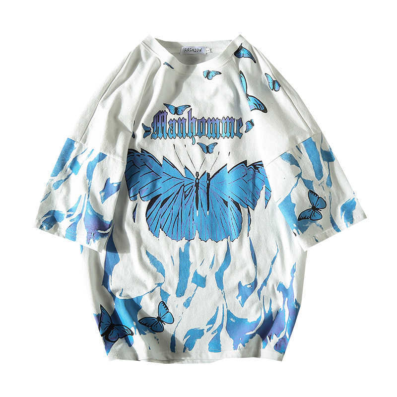 Flame Butterfly T-shirt Men Street Fashion Summer O-Neck Men's Tshirt Hip Hop Harajuku Tee Shirts Loose 100% Cotton Couple Tops 210707