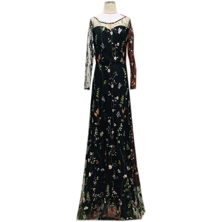 Women Dress Embroidered Large Hem Maxi es Temperament Party es Lace Spliced High Waist Vintage 210513