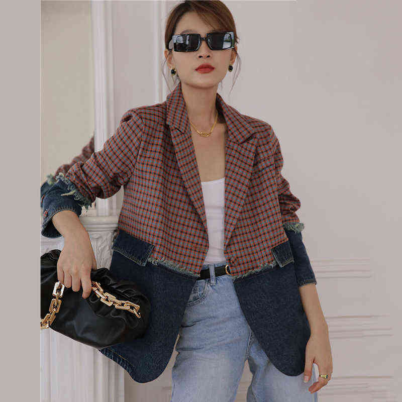[EAM] Women Plaid Denim Split Big Size Blazer Lapel Long Sleeve Loose Fit Jacket Fashion Spring Autumn 1DC811 211122