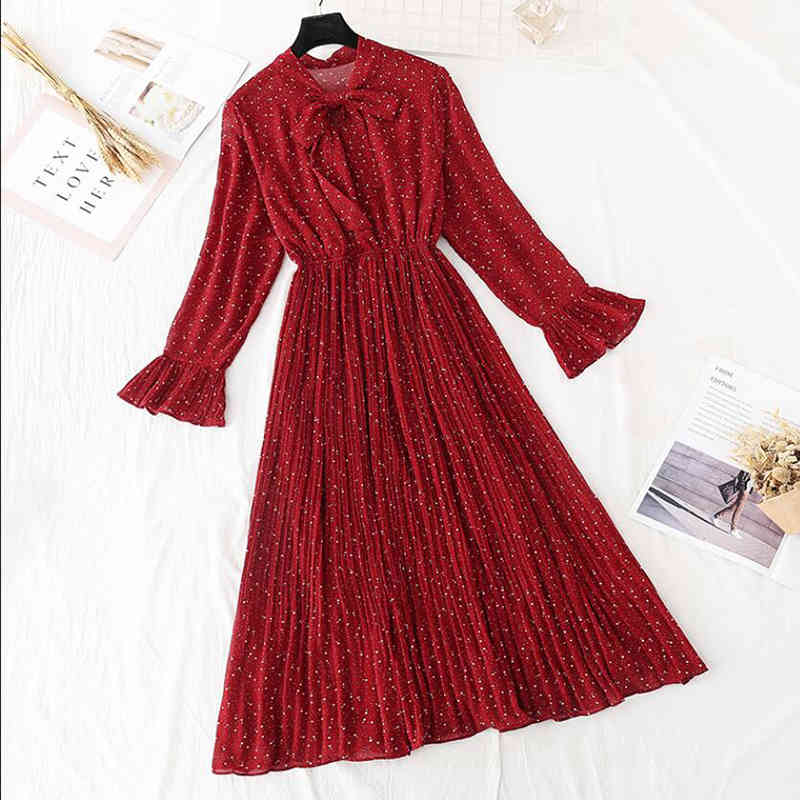 Spring Summer Chiffon Dress Casual Flare Sleeve Vintage Print Pleated Midi Dress Elegant Party Dress Elastic Waist Vestidos 210521