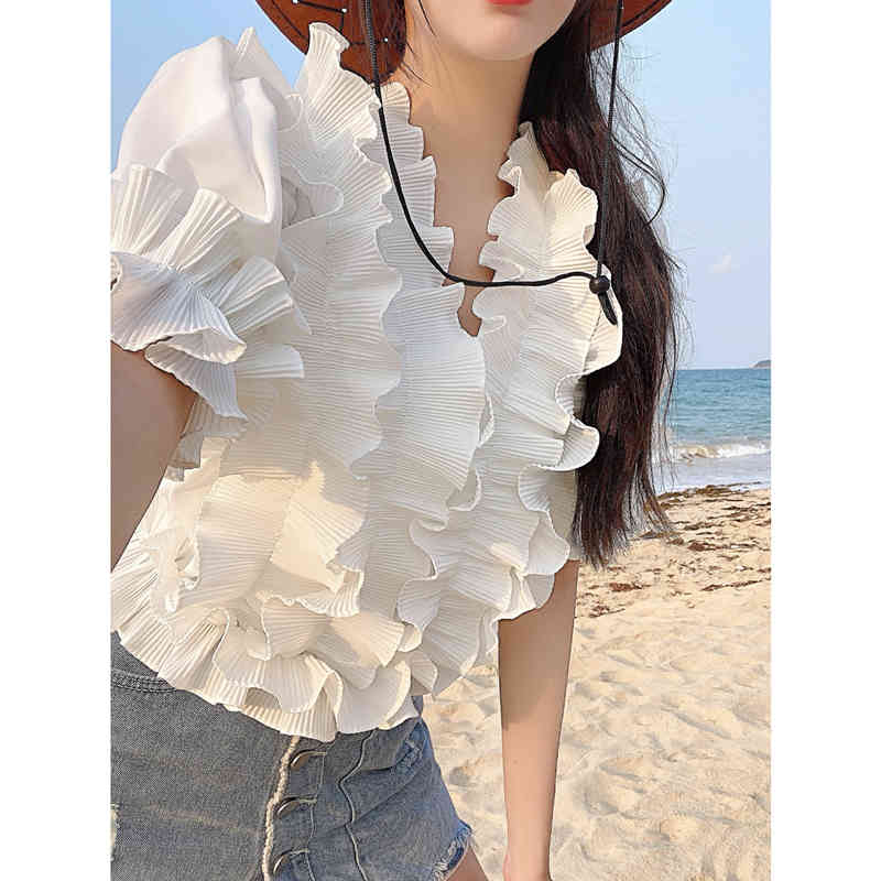 Summer Cascading Ruffles Sexy V-Neck Puff Sleeve Women Sweet Solid Color Chic Pullover Blouse Top 210519