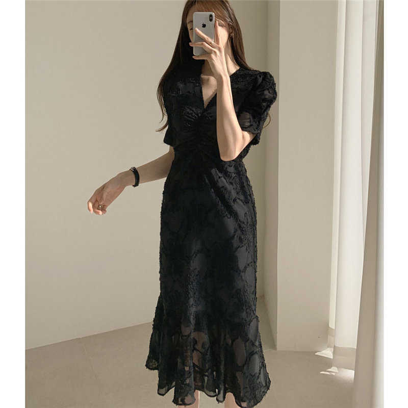 Alien Kitty Stylish V-Neck Elegant Waist-Controlled Slimming Early Spring Plus Slender Ruffles Short-Sleeved Long Dress 210630
