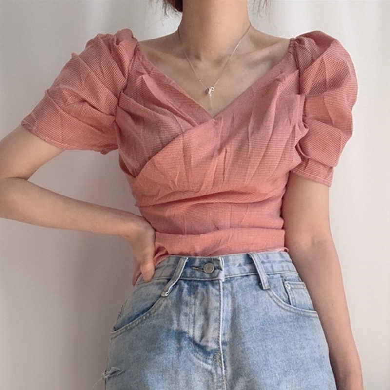 Korejpaa Women Blouses Korean Chic Retro Sweet V-neck Sexy Folds Cross Waist Bubble Plaid Sleeve Shirt Top Female 210526