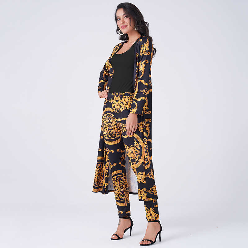 Summer Women 2 Pieces Set Vintage Palazoo Print High Waist Elastic Pants Long Sleeve Open Front Coat Homewear Business Suit 210810