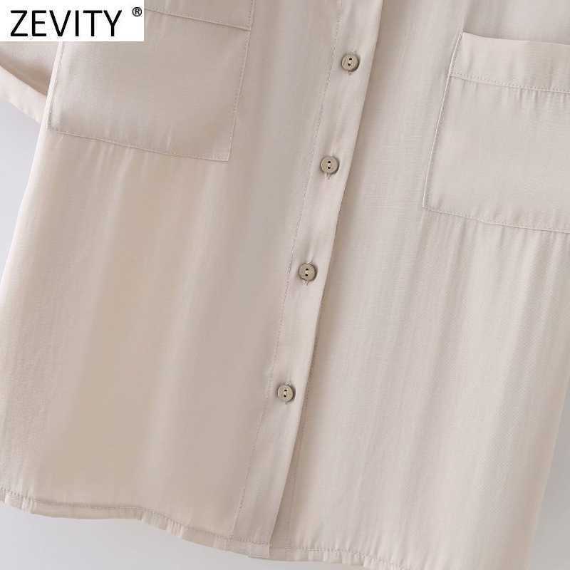 Zevity Women Simply Short Sleeve Solid Pocket Smock Blouse Office Ladies Casual Breasted Business Shirts Chic Blusas Tops LS9330 210603