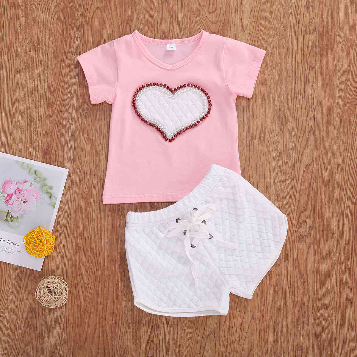 1-5Y Summer Toddler Child Kids Girls Clothes Sets Pearl Heart Print T-shirts Bandage Shorts Outfits Costumes 210515