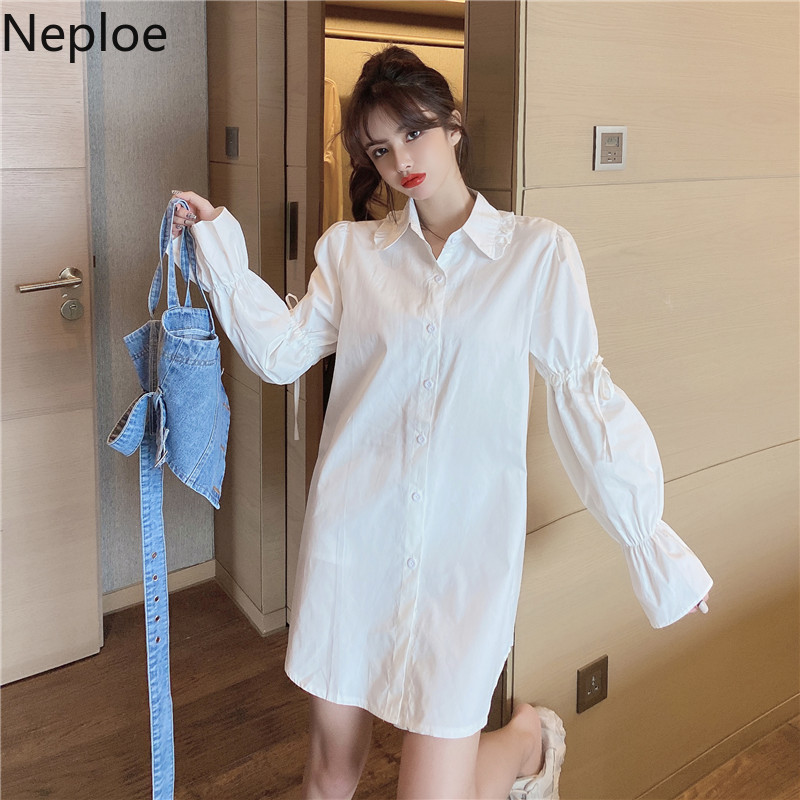 Neploe Korean Chic Suit Women 2 Piece Long Blouses Sets Puff Sleeve Turn-down Collar Tops Sashes Slim Cowboy Vest Two Piece Set 210422