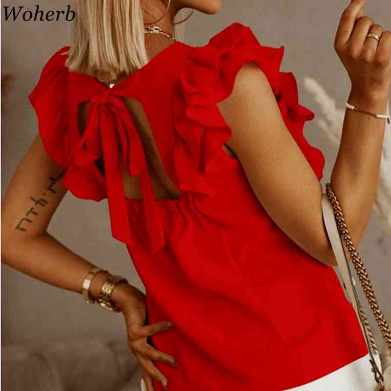 Ruffles Blouse Women Elegant Summer Chic Ladies Tops Fashion Solid Sexy Female Blusas Casual All Match Sweet Shirt 210519