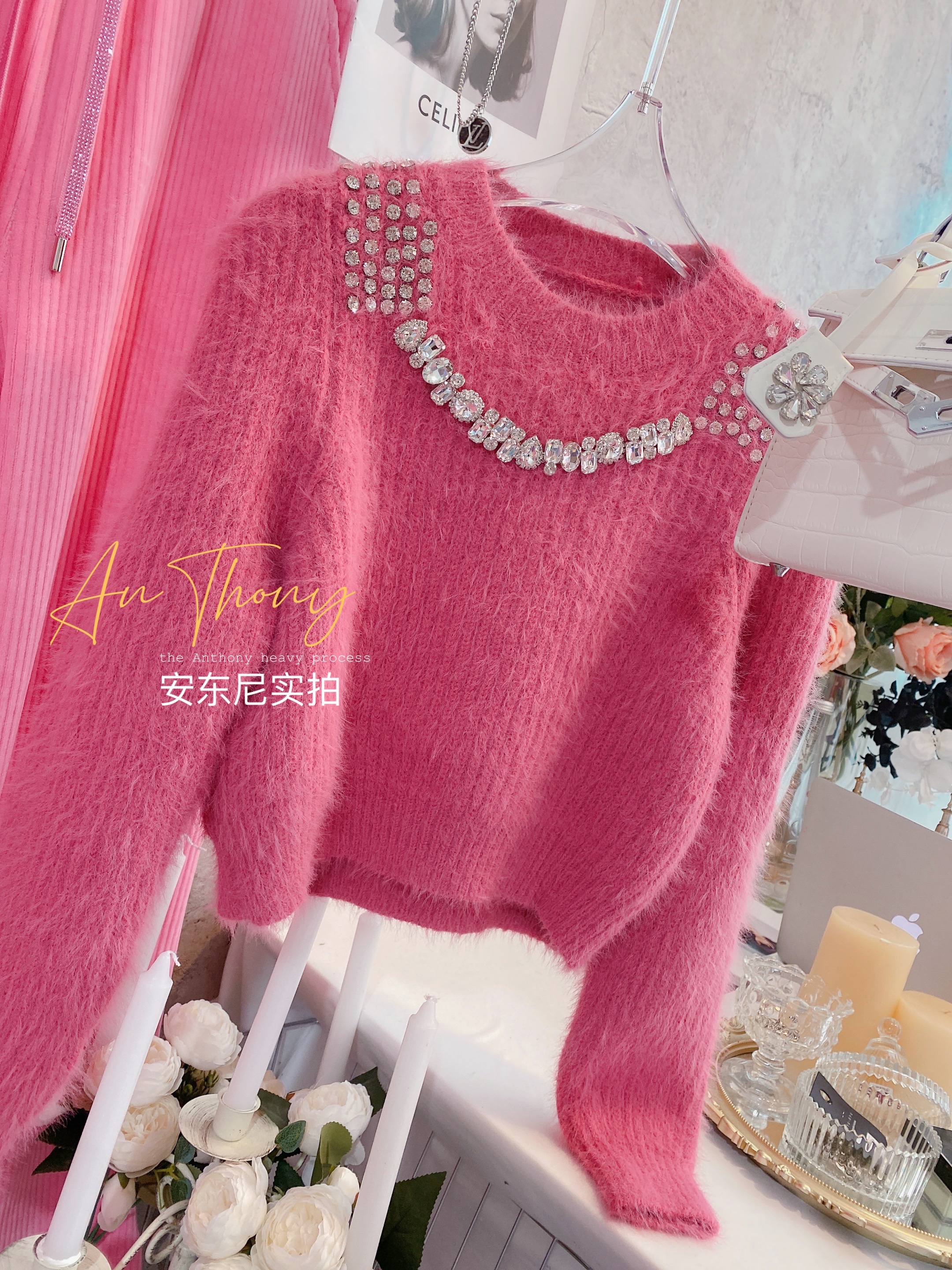 Autumn winter new womens o-neck luxury design rhinestone patchwork thickening warm short mohair wool knitted sweater jumper