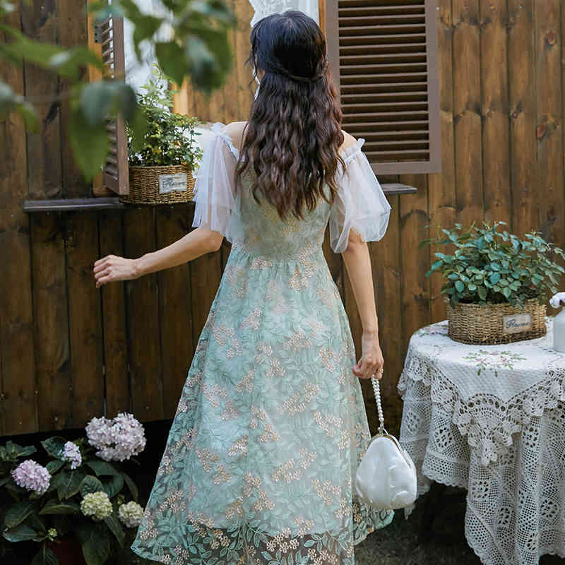French Summer Women Vintage Elegant Floral Embroidery Mesh Dress Ladies Sweet Slim Party Woman Clothing 210519