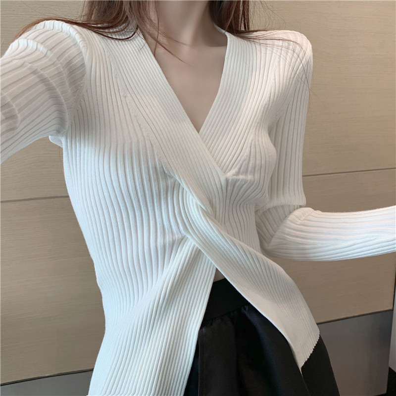 Crossed V-neck Knitted Sweater Pullover Women Full Sleeve Solid Slim High Stretch Tops Streetwear Fashion Female Jumpers 210514