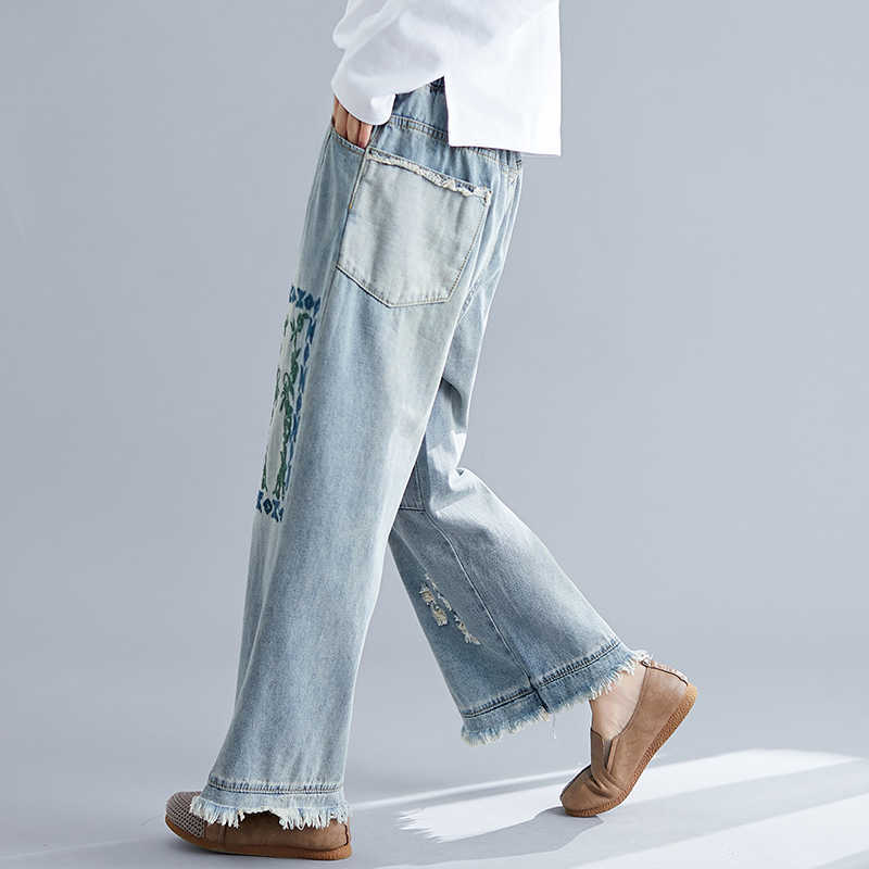 7042 Women Spring Summer Fashion Korea Style Elastic Waist Printed Frayed Patchwork Ankle Length Denim Lady Casual Loose Jeans 210922