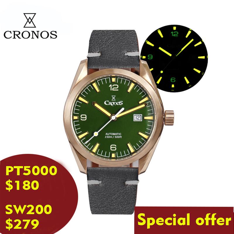 Wristwatches Cronos Men Watch Bronze CuSn8 Automatic SW200 Sapphire Crystal Black Leather Strap Sterile Customizable, Blue sw 
Wristwatches Cronos Men Watch Bronze CuSn8 Automatic SW200 Sapphire Crystal Black Leather Strap Sterile Customizable, Blue sw