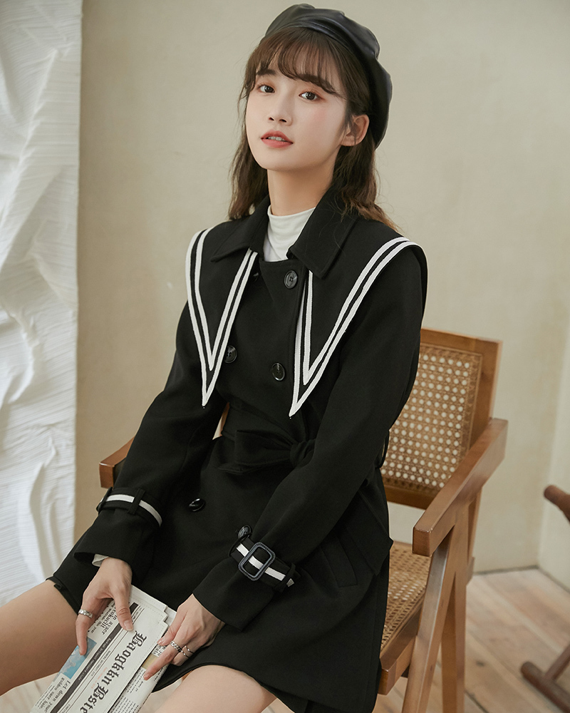 Sailor Collar Black Double Breasted Trench Coat For Women Preppy Style Coats And Jackets Autumn Winter Fashion 210427