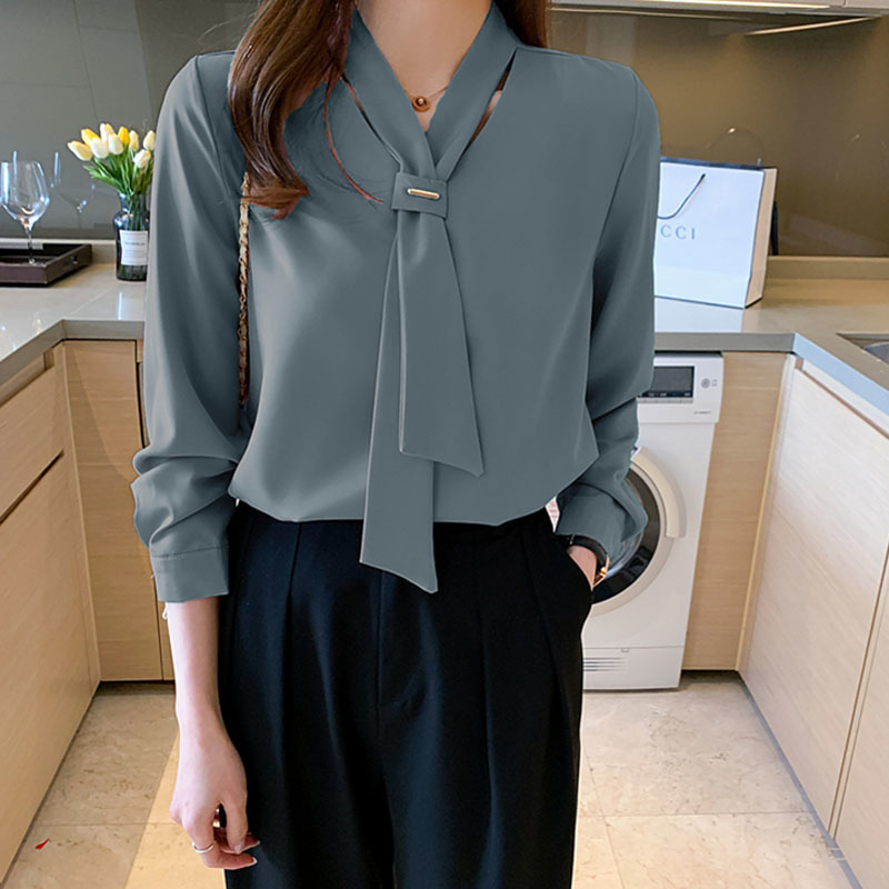 Spring Chiffon Women Blouse Fashion Office Lady Long Sleeve Solid Shirt with Tie V Neck Loose Top Female 13022 210427