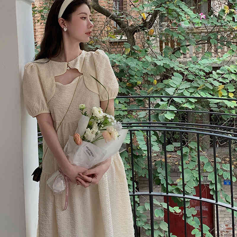 French Vintage Midi Dresses Women Casual Puff Sleeve Kawaii Elegant Dress Females Korean Fashion Evenng Dress Summer Chic 210521