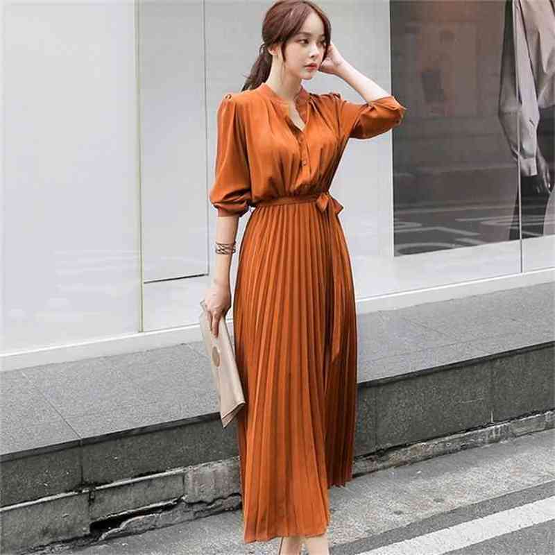 Women's Dress Spring Pleated Fashion fashion Slim High Waist Long Temperament Office Female Dresses Sleeve Casual 210519