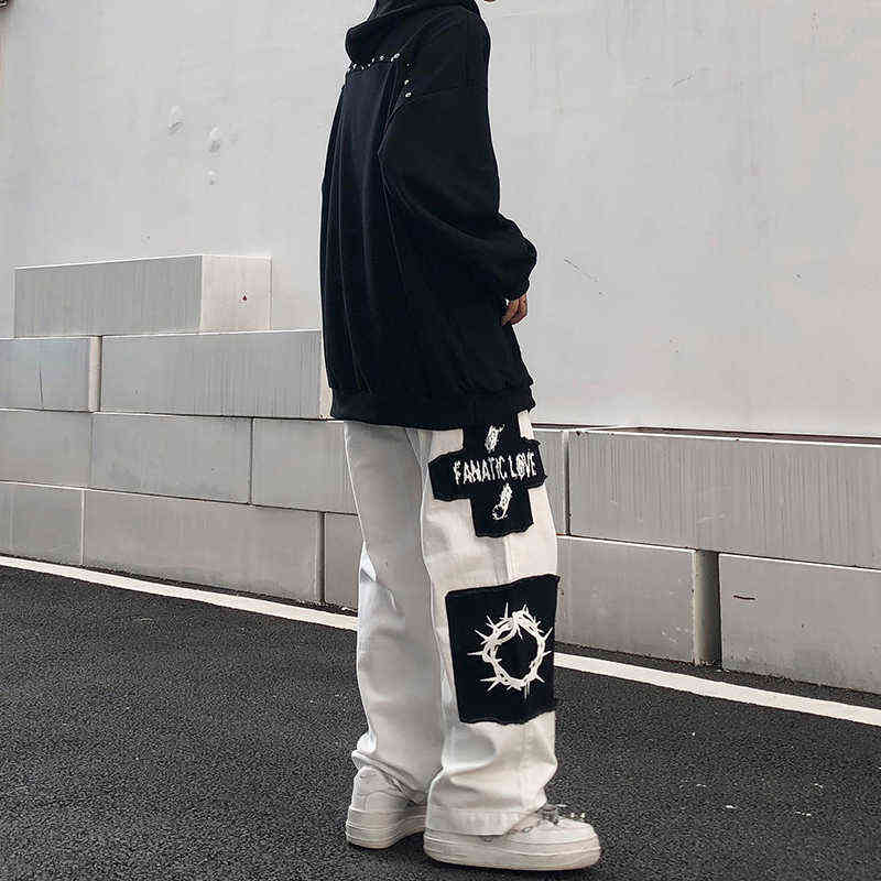 Tideshec Manga Patch Pants Men's Ins Harajuku Trousers Casual Loose Straight Wide Leg Black Stitching Patch Anime Printed Jeans 211120