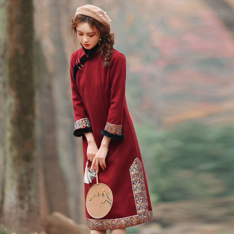 Ethnic Clothing Chinese Cheongsam dress For Women Winter Autumn tang suit New Year party Costume Red Shanghai story Qipao