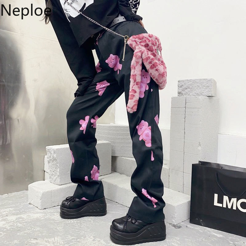 Neploe Women Pants Black Bear Print High Waist Trousers Korean Style Spring Slim Fit Loose Straight Casual Pantalong 4h671 210422
