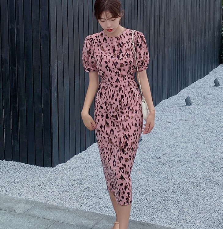 summer Puff Short Sleeve Summer Midi Pink Leopard Dress Vintage Women Elegant Ladies O-Neck Casual slim chic 210519