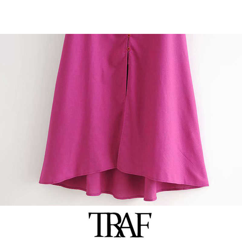 TRAF Women Chic Fashion With Buttons Linen Midi Dress Vintage V Neck Puff Sleeve Back Elastic Female Dresses Vestidos 210630