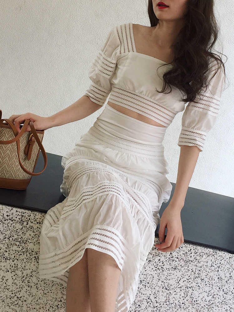 Womens Skirt Suits Crop Tops+ Suit Bodycon High Waist Beach Boho White 2 piece Set Summer 210608