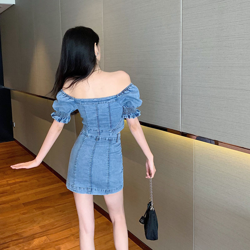 Korean Summer Women 2 Piece Set Denim Sexy Slash Neck Short Sleeve Buttons Crop Top + Mini Skirts Suit Female 210519