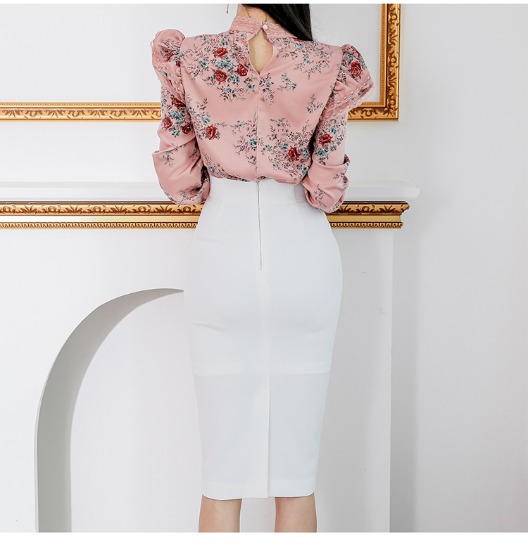 Women Spring Sexy OL Work Wear 2 Pieces Set Ruffles Flowers Long Sleeve Blouses & High Waist White Bodycon Pencil Skirt Sui 210518