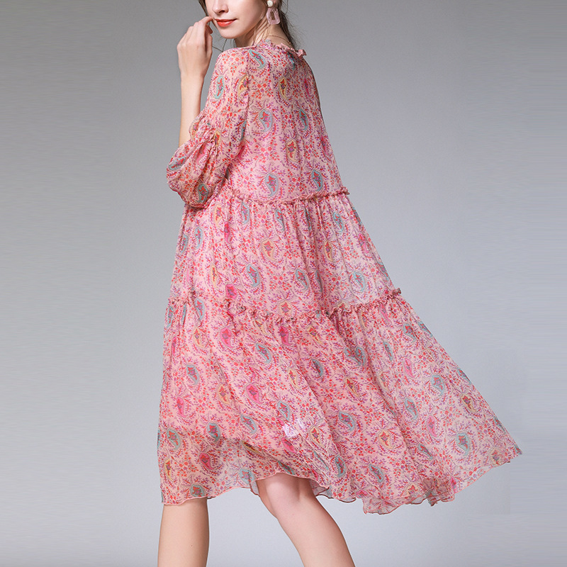 VKBN Large Size Summer Dress Women V-Neck Half Sleeve Chiffon Floral Print Plus Size Women Dress Fashion 210507