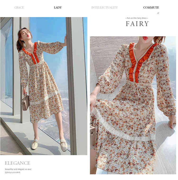 Elegant Ruffle V-Neck Floral Printed Party Dress Female Vintage Spring Fashion High Waist Chic Midi Vestido 210519