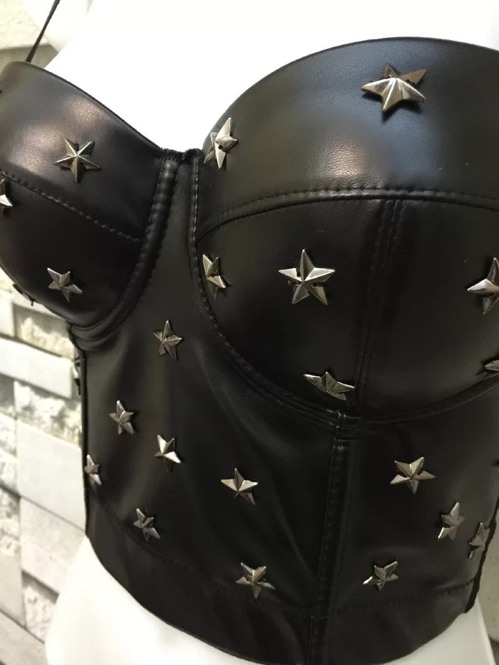 Sexy Club Women Star Rivet Bra Strapless Bralette Crop Top Performance Ball Female PU 210421