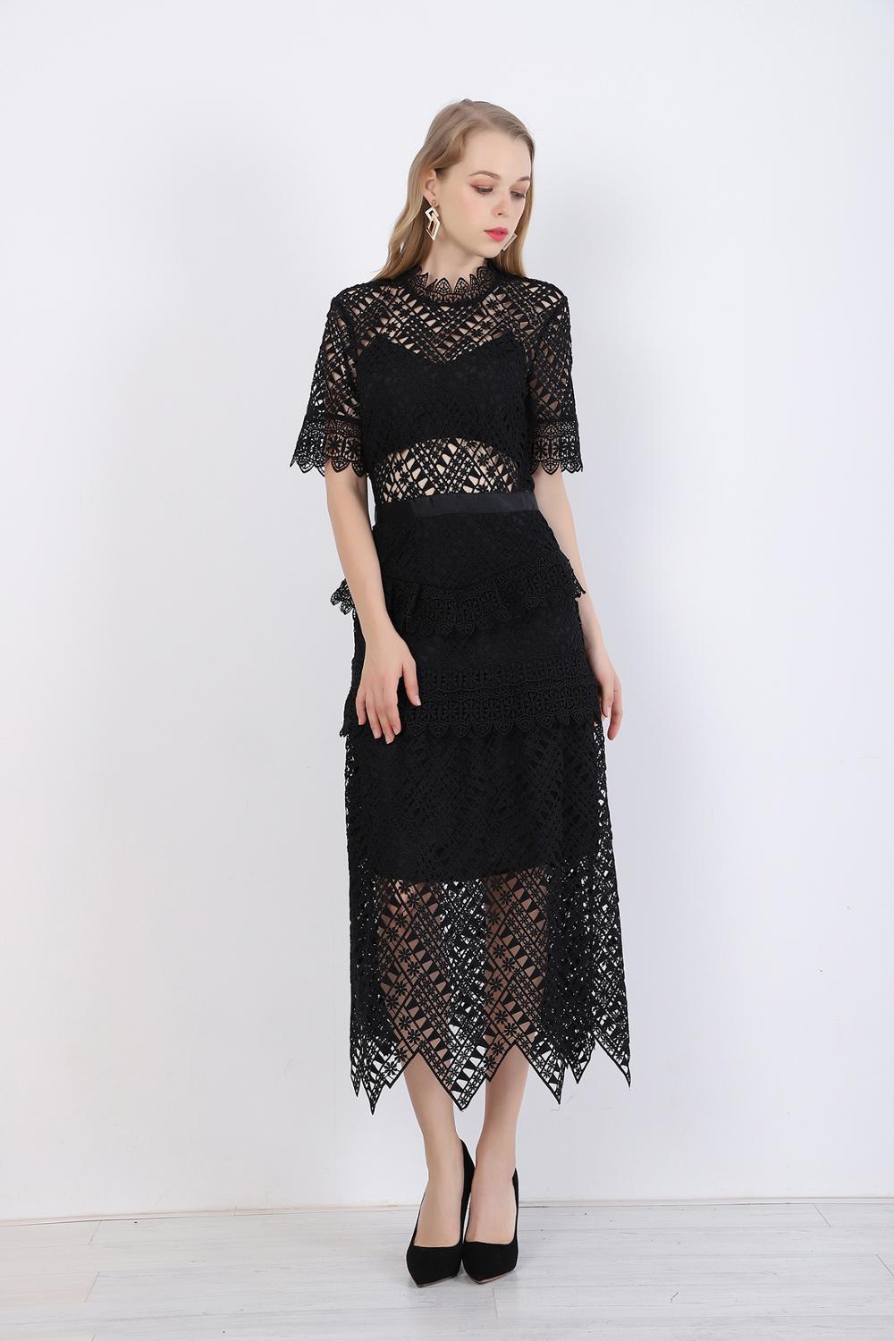 arrive Women's black Lace short Sleeve Summer Dress Sexy hollow Maxi Long vestidos Self Portrait 210520