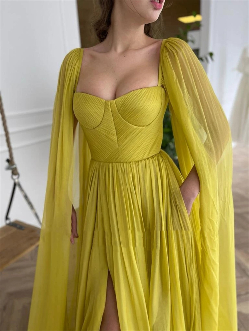 2021 Elegant Citrine Yellow Silk Chiffon Prom Dresses With Long Cape A Line Sweetheart Pleats Side Slit Evening Gowns