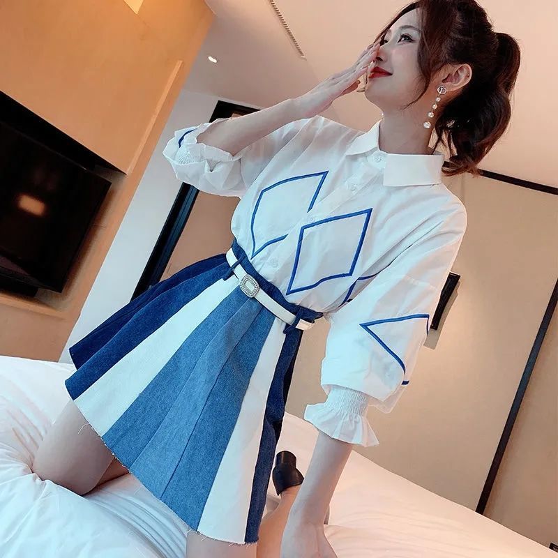 Summer Two piece Retro Women Casual White Turn Down Collar Shirt Top + High Waist Denim Mini Skirt Suit Female 210519