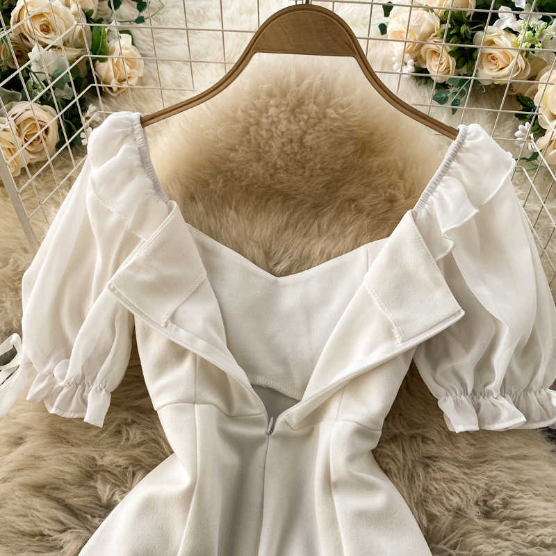 Korean Fashion Women White Black Short Sleeve V-neck Sexy Mini Dress Lace-up Bandage Slim Fit A-line Ruffles Party Vestido 210603