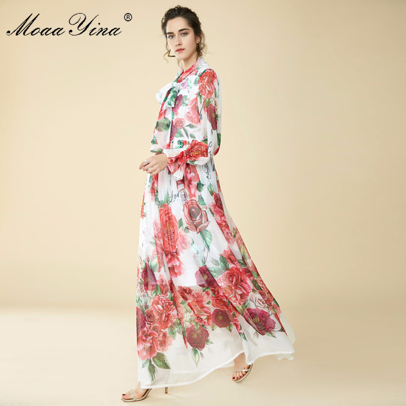 Spring Summer Maxi Dress Bow Collar rose Floral Prin Butterfly Sleeve Long Casual Holiday Bohemian Loose 210524