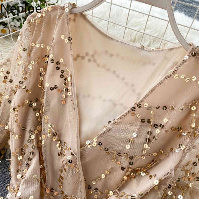 V Neck Tassel Sequined Patchwork Long Sleeve Dress High Waist Hip Slim A Line Vestido Autumn Spring Sexy Party Ropa 48650 210422Z