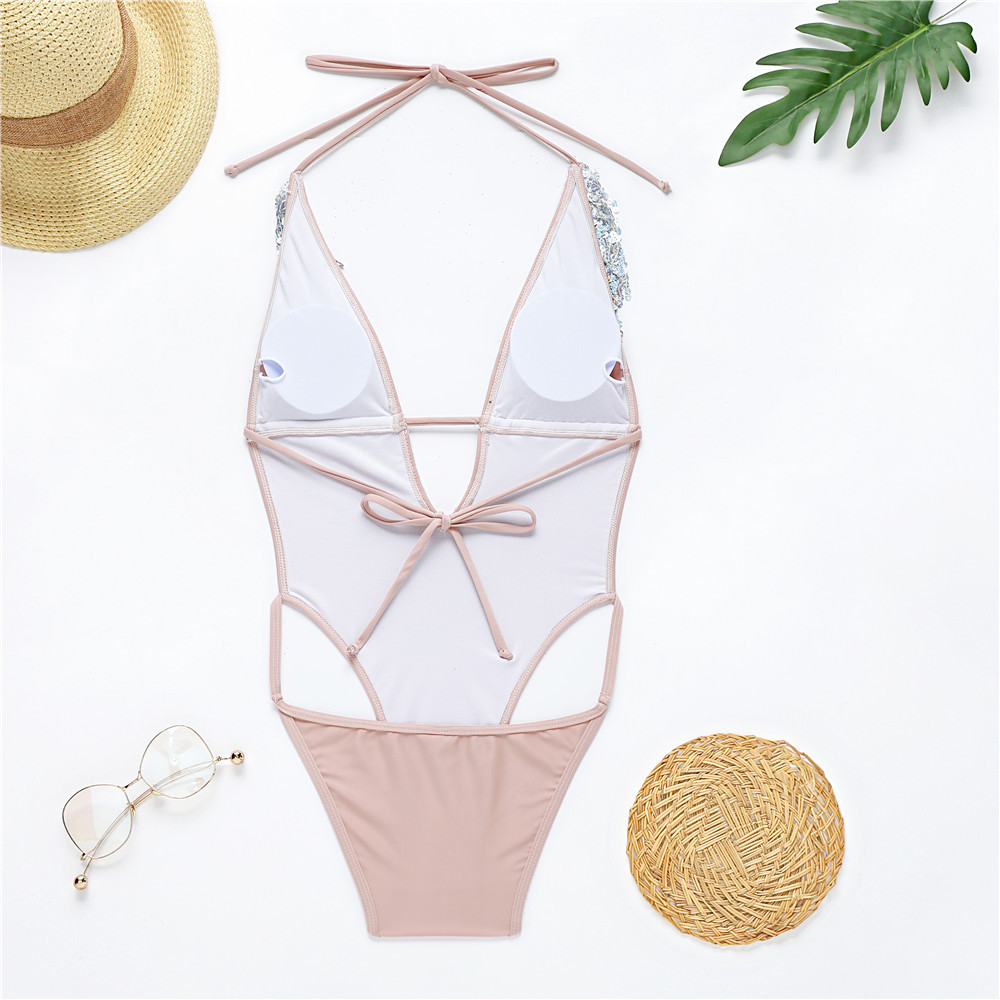Sexy Swimsuit Women Sequin Tassel Swimwear Female V-Neck Push Up Monokini Backless Bathing Suit Summer Beach Wear 210521