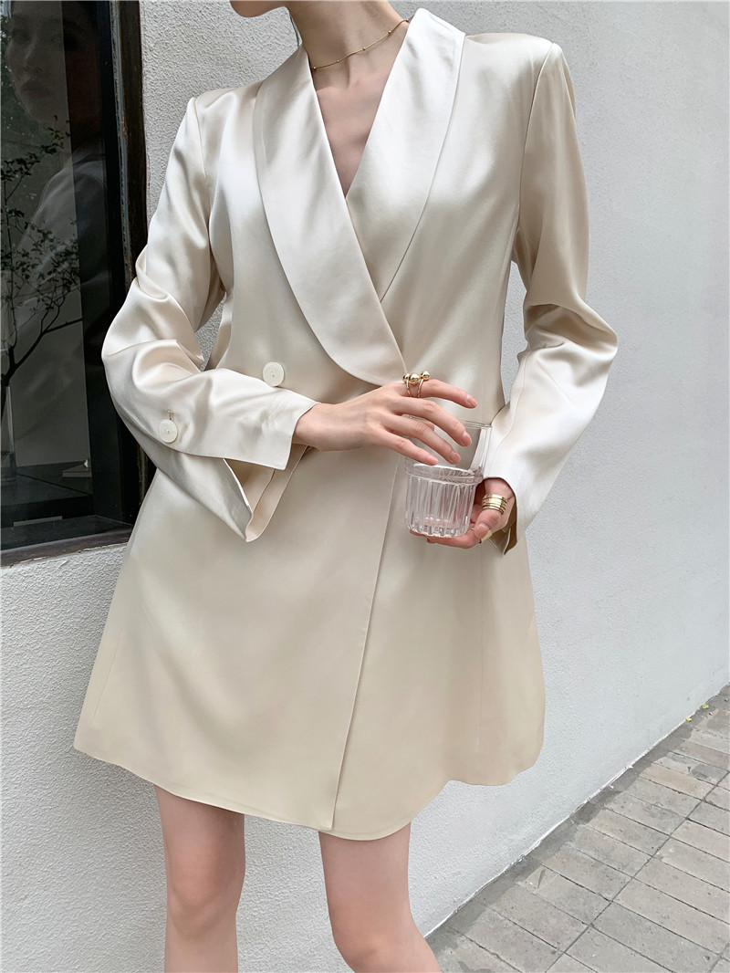Autumn Satin Blazer Women Beige Double Breasted Ladies Elegant Coats And Jackets Korean Outerwear 210427