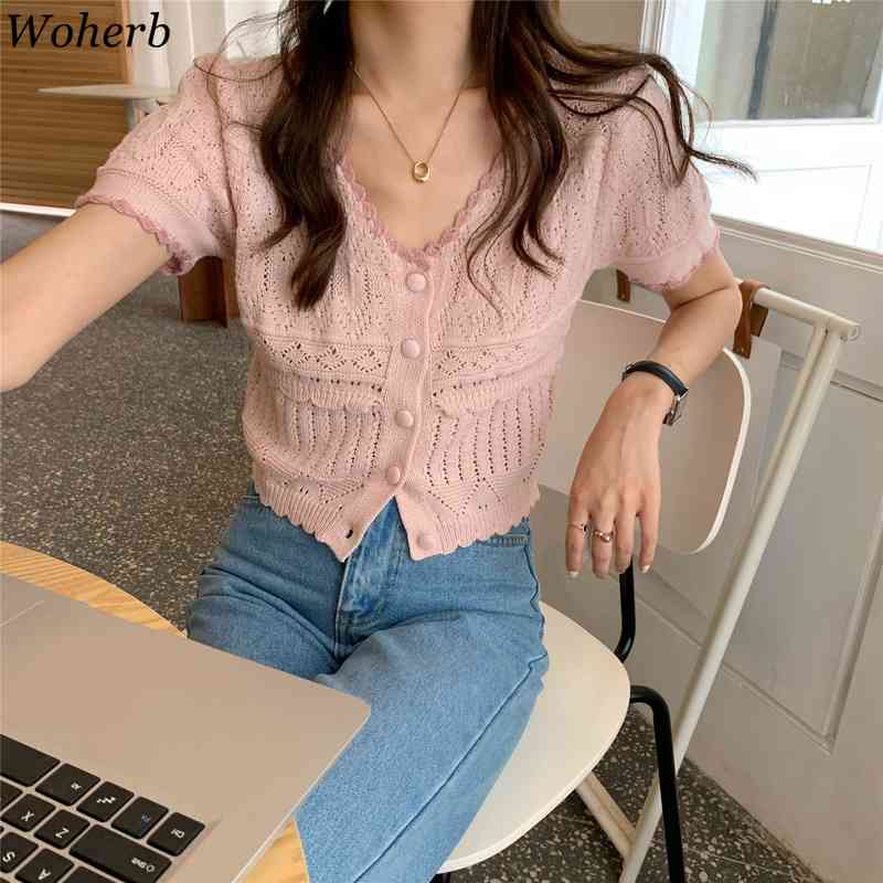 Summer Knitted Crop Cardigan Tops Women Korean Elegant Vintage Short Sleeve Ladies Jumpers V-neck Sweater Femme 210519