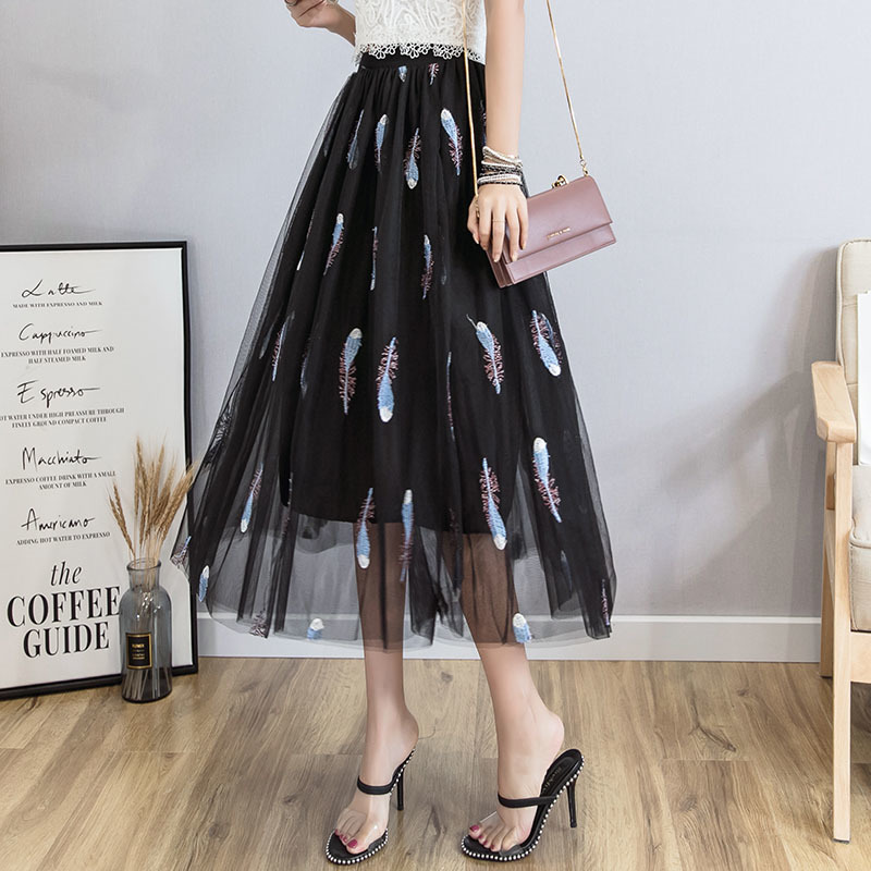 Spring and Summer Elegant Sweat Fairy Tulle Tutu Skirt Black Midi-skirt Korean Lace Embroidery Feathers Skirts 9588 210427