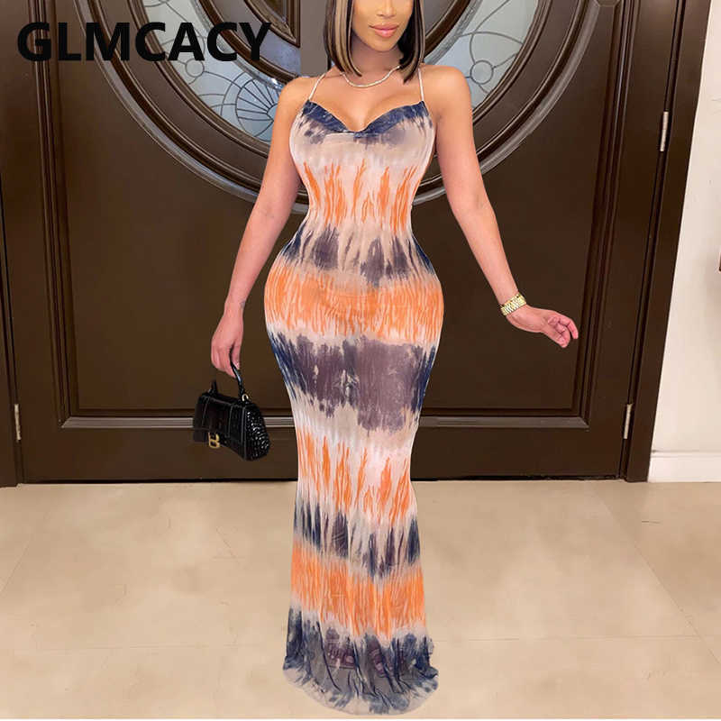 Spaghetti Strap Backless Abstract Printed Maxi Dress Casual Evening Party Long Vestidos 210702