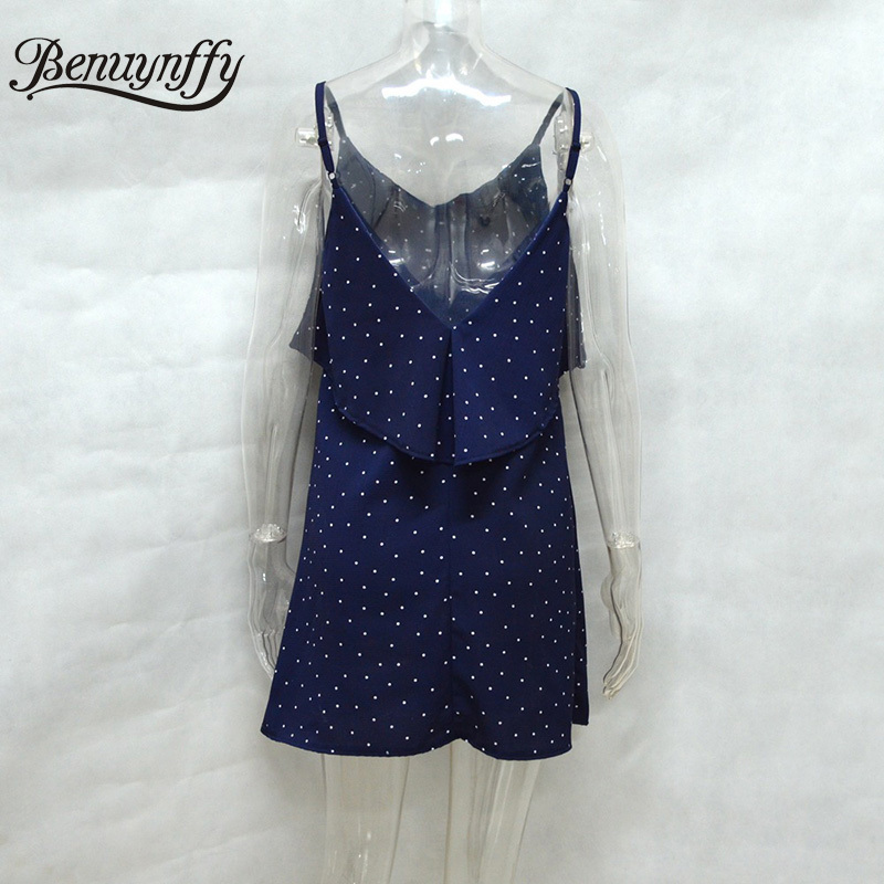 V-neck Ruffle Beach Spaghetti Strap Dresses Women Sexy Backless Sleeveless Polka Dot Mini Dress Summer Clothes 210510